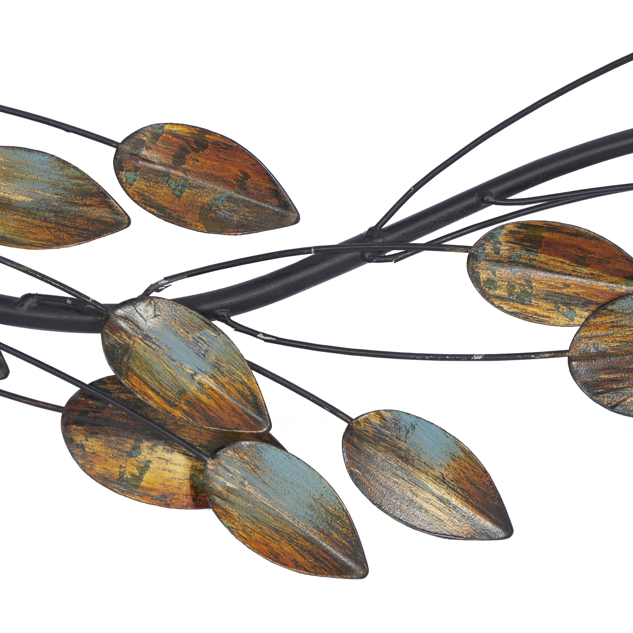 DecMode Brown Metal Slim Horizontal Leaf Wall Decor with Teal Accents
