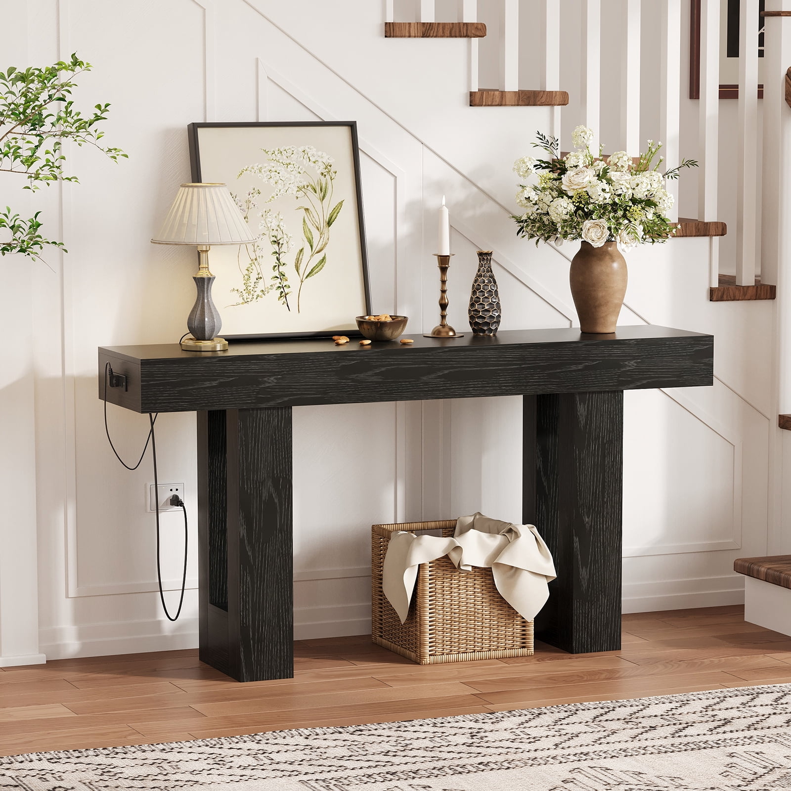 63 Inch Console Table with Power Outlet, Extra Long Sofa Table Behind Couch with USB & Type c Ports, Narrow Entryway Table for Hallway, Entrance, Living Room, 33.3" High