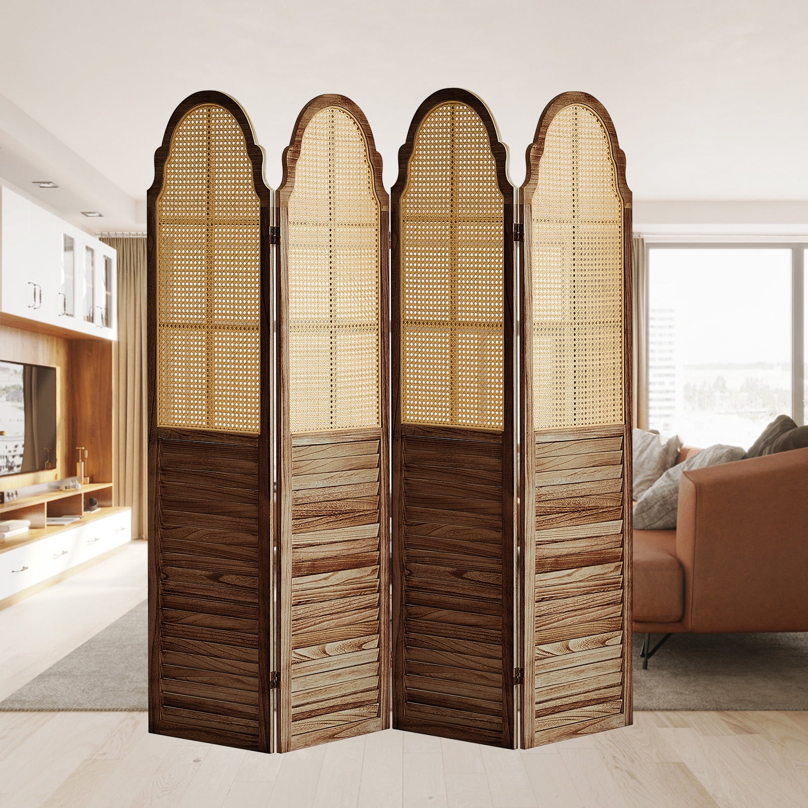 Aletheiawu 4 Panel Rattan Room Divider, Foldable Privacy Screen, No Installation Require, Dark Brown