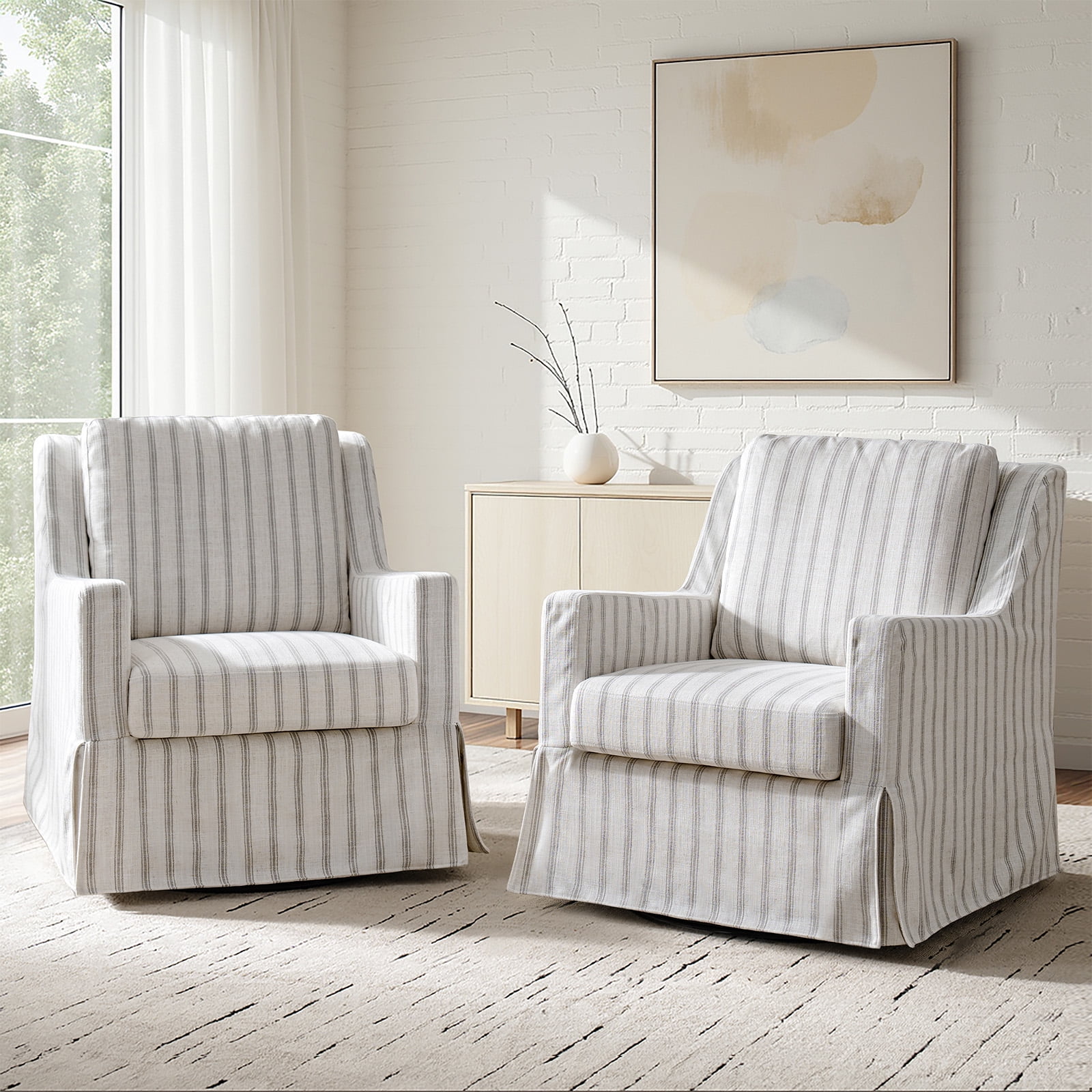 Farmhouse Swivel Rocking Chairs Set of 2 Upholstered Glider Rocker with Removable Washable Slipcover, Nursery Accent Chair Gray Thin Stripes