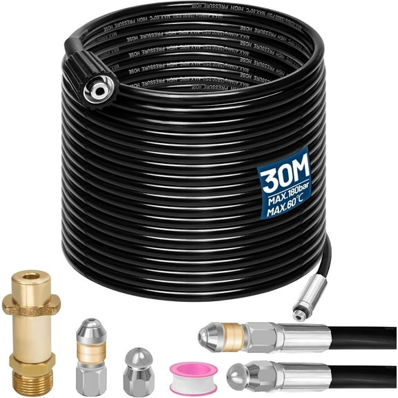 Pressure Washer Replacement Hose Super Flexible Hose 100ft, 180 Bar 60 °C, Includes Nozzles Rigid   Rotating, 1 Adapter Compatible with K2 K3 K4 K5 K6 K7 Pressure Washer Universal Pipe Cleaning Set