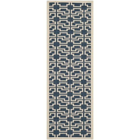 SAFAVIEH Courtyard Thurstan Geometric Indoor/Outdoor Runner Rug, Navy/Beige, 2'3" x 6'7"