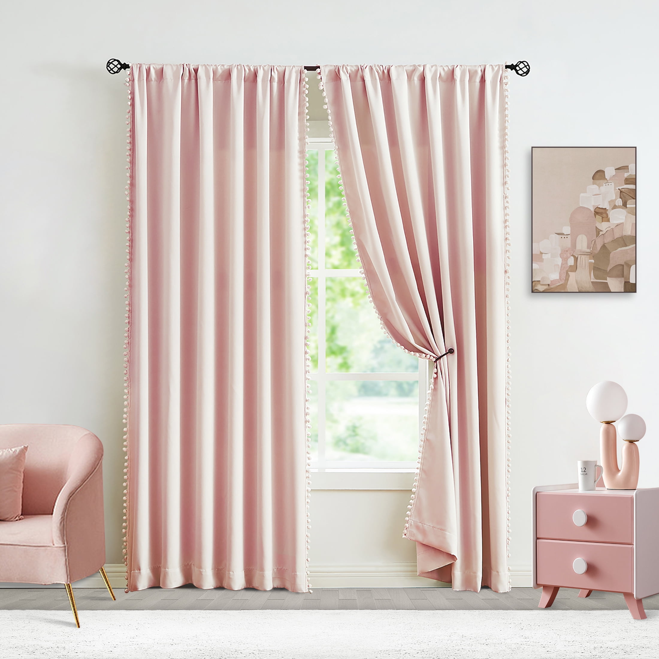 Exultantex Pompom Blackout Curtains for Bedroom Pink Girls Thermal Insulated 50x84 inch Window