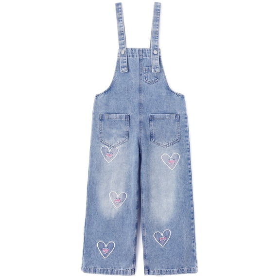 KIDSCOOL Girls Jean Jumpsuit Kids Heart Embroidered Wide Leg Denim Overalls, Light Blue,6-7 Years
