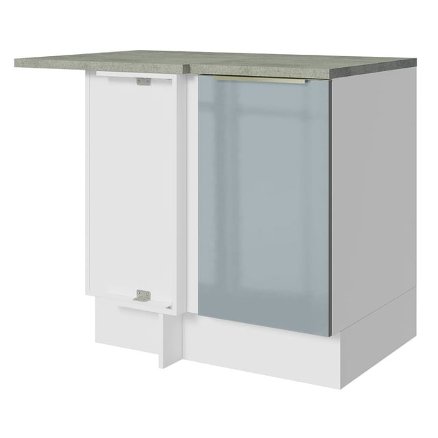 gabinete bajo esquina cocina madesa lux 80cm con encimera bg Gabinete de esquina bajo blanco con puerta gris y encimera incluida, vista frontal 3/4; estructura con pintura poliéster de 7 capas, tirador de aluminio y bisagras con amortiguación, 84 cm alto × 80 cm ancho × 64 cm profundidad; apto para organizar utensilios, vajilla y pequeños electrodomésticos; a menudo usado también como módulo de almacenamiento para menaje de cocina.