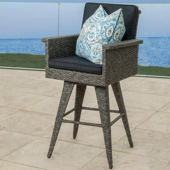 Cascada Outdoor Wicker Barstool with Cushions, Mixed Black, Dark Grey