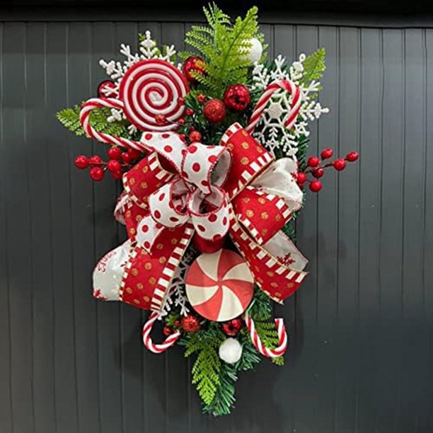 ckepdyeh Lágrima navideña floral con lazo de caramelo y frutos rojos, corona navideña colgante en forma de lágrima, puerta artificial en forma de lágrima