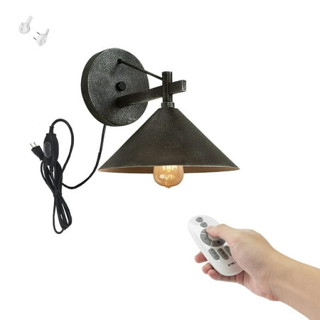 

FSLiving Remote Control Dimmable Waterproof Outdoor Wall Sconces with 5.9Ft Plug in Cord Silver Black Iron Shade Wall Light Fixtures Color Changing Timer Nightstand Lamp for Hallway - 1 Pack
