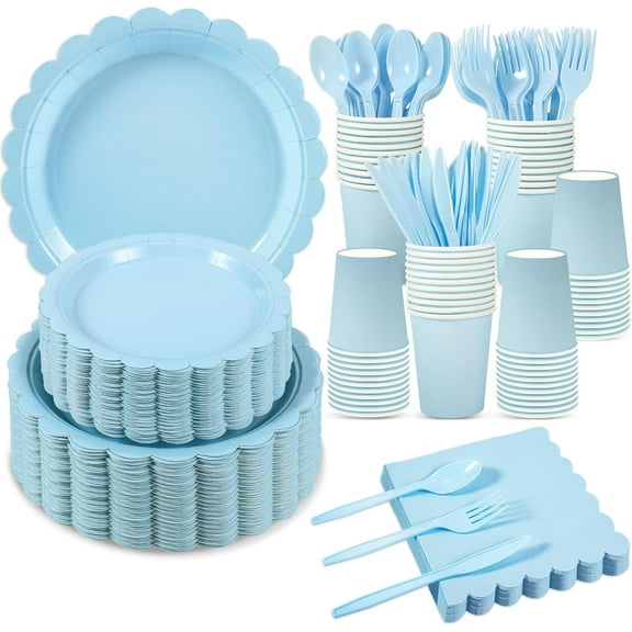 350-Piece Light Blue Paper Plate and Napkin Set for Parties, Includes Cutlery