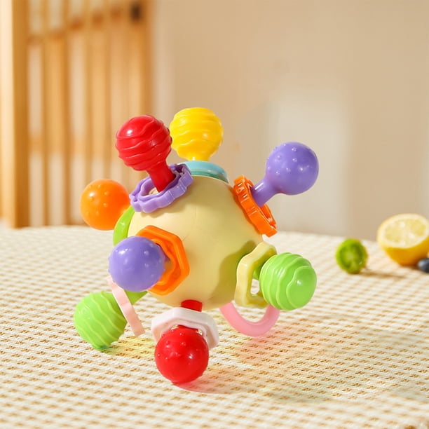 Juguete sensorial con forma de pelota interactiva con superficies texturizadas, sonajero suave y sonidos giratorios para desarrollar la motricidad fina y la exploración táctil | 9 cm