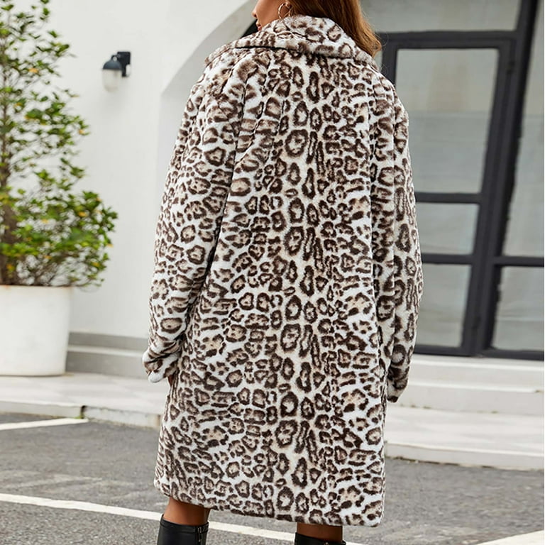 FNFYFH Women Faux Fur Coats Long Leopard Print Shaggy Coat Lapel