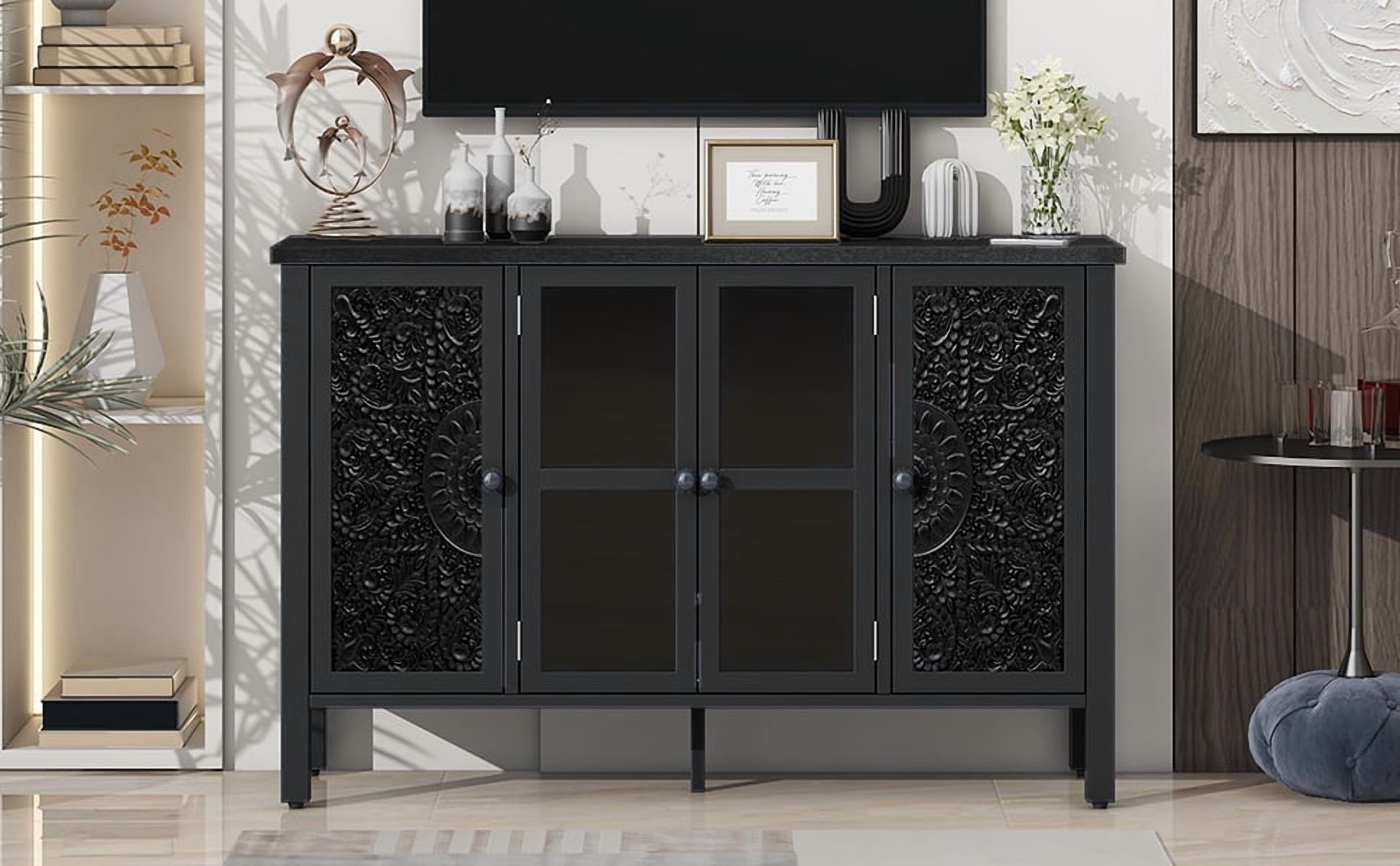 Euroco 47.2" American Retro-Style TV Stand – Media Console with Glass Door, Carved Cabinet Storage, Adjustable Shelves, Anti-Tip Device for TVs up to 43", Entertainment Center