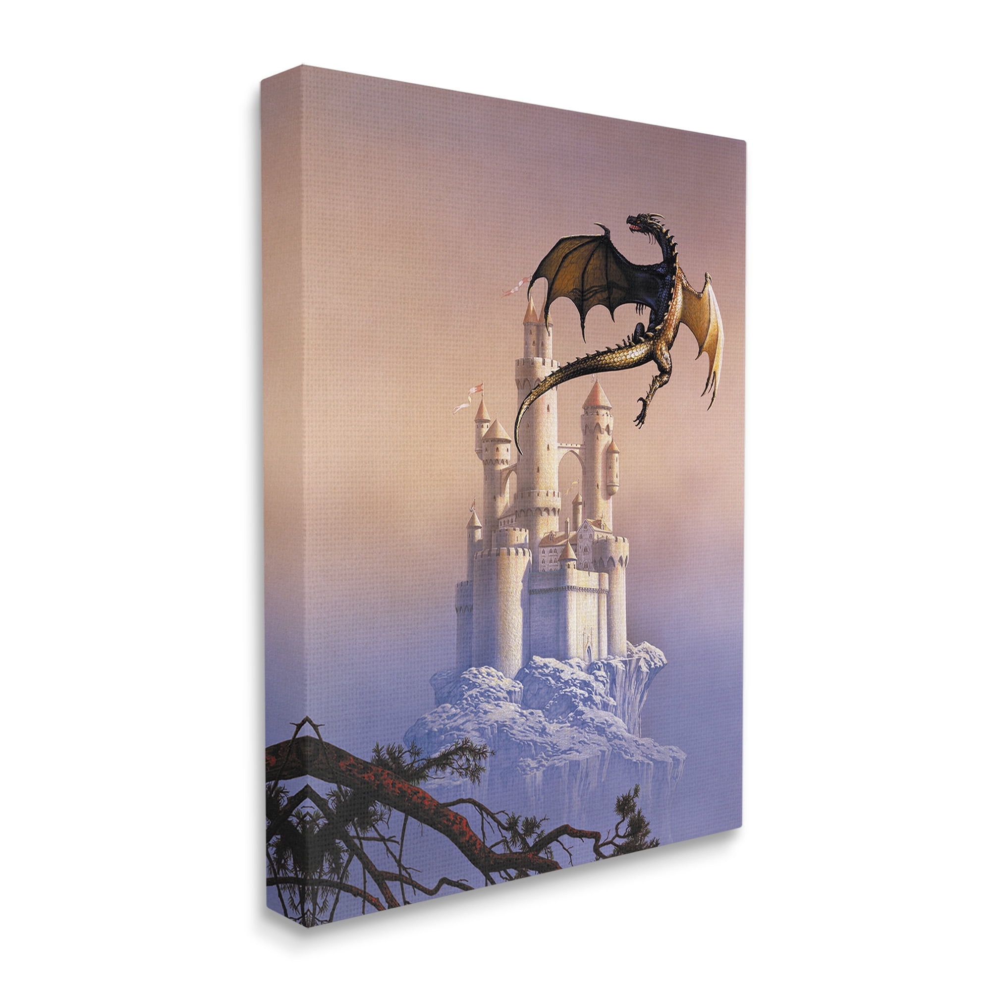 Stupell Industries Magical Dragon & Castle Fairy Tales & Fantasy Painting Gallery Wrapped Canvas Art Print Wall Art, 36 x 48