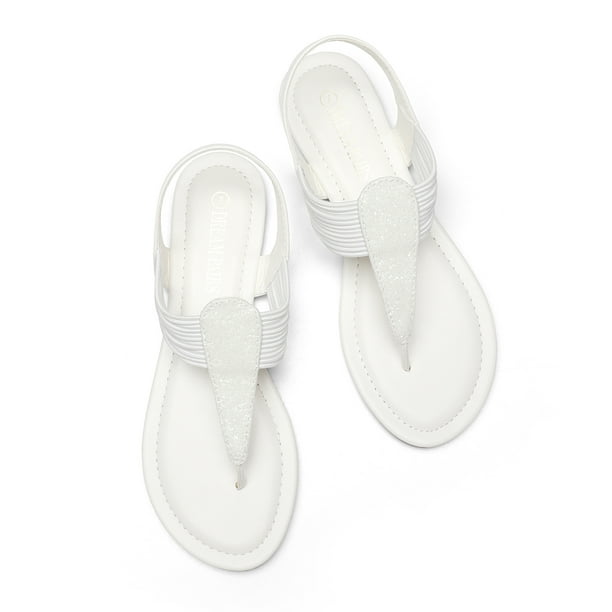 Women Rhinestone Thong Sandals Summer Flat Sandal Ankle Strap Shoes  WHITE/GLITTER SPPARKLY size 7.5 