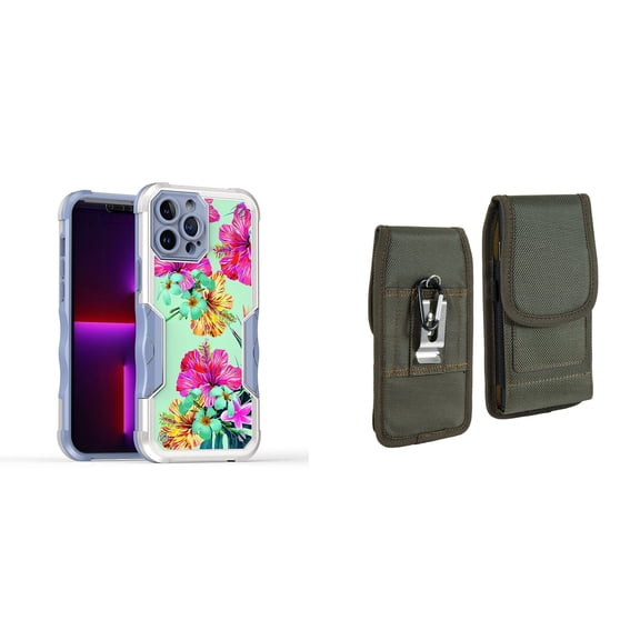 Case and Pouch Bundle for iPhone 14: Heavy Duty Armor Rugged Case (Teal and Pink Hibiscus Flower) and Vertical Rugged Nylon Belt Holster (Midnight Green)