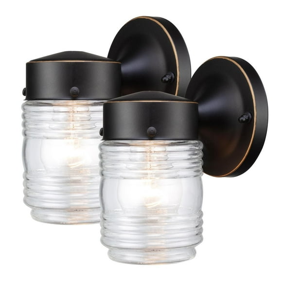 Applique murale intérieur/extérieur en métal à 1 lumière en bronze huilé de collection Landis par Globe Electric avec abat-jour en verre transparent (paquet de 2), 44581 Applique murale verre 2 unités