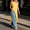 thumbnail image 7 of Women's Crew Neck Sleeveless Long Tank Top Solid Color Asymmetric Slit Hem Slim Fit Casual Summer Cami Vest Yellow, 7 of 7