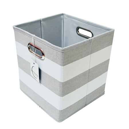 Foldable Storage Cube Basket Bin Box - Best Fabric Canvas Collapsible Storage Container for Your Office, Bedroom, Closet, Toys, Laundry - Grey and White Striped - 11 x 10.5 x