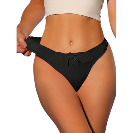 Unique Bargains Women s Satin Bikini Panties Elastic Lace Waist Thongs Underwear L Black