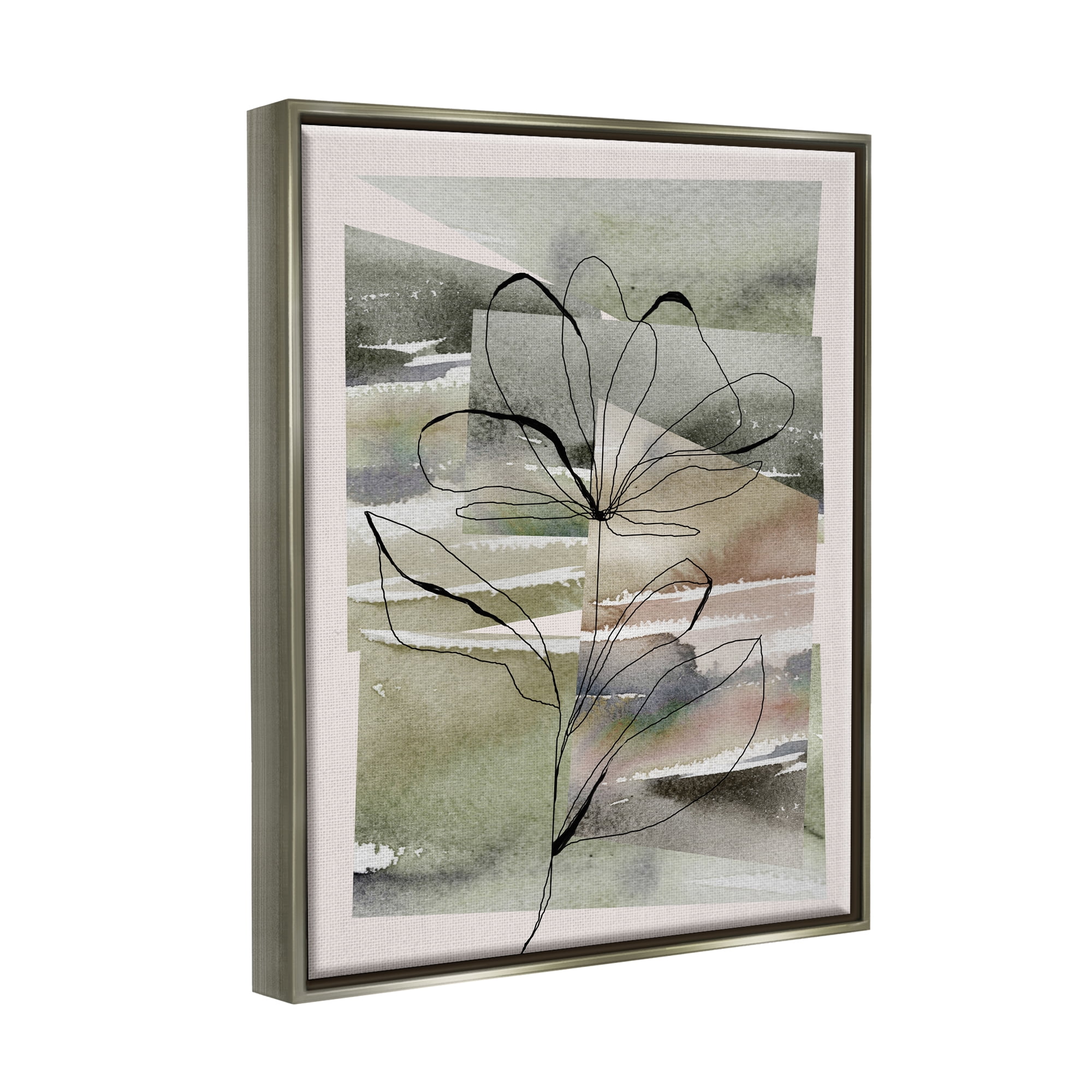 Stupell Industries Flower Outline on Green Botanical & Floral Painting Gray Floater Framed Canvas Art Print Wall Art, 25 x 31
