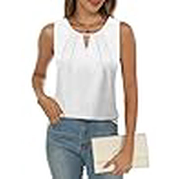 Women Summer Dressy Chiffon Blouse Petal Sleeveless Keyhole Neck Tunic Tops Office Casual T-Shirt White