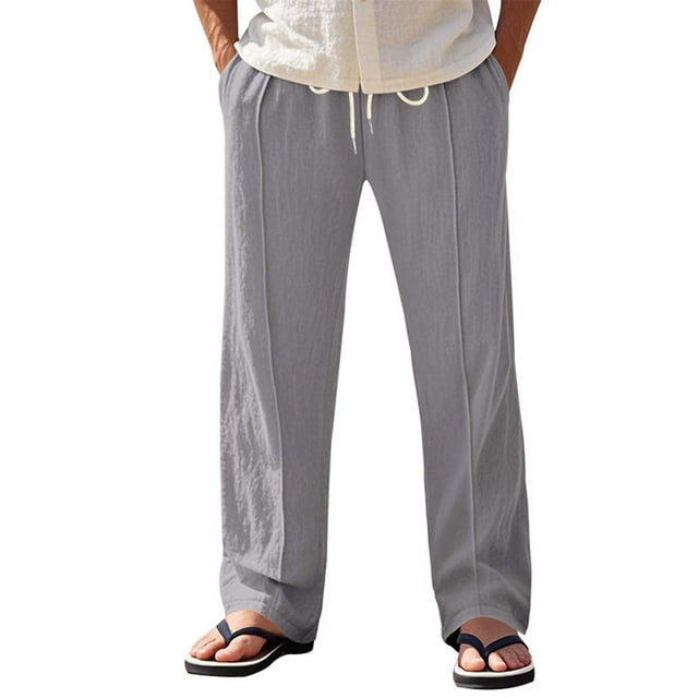 Mens Linen Pants Casual Elastic Waist Drawstring Lightweight Pant Solid Color Drawstring Daily Thin Trousers with Pockets Gray XL