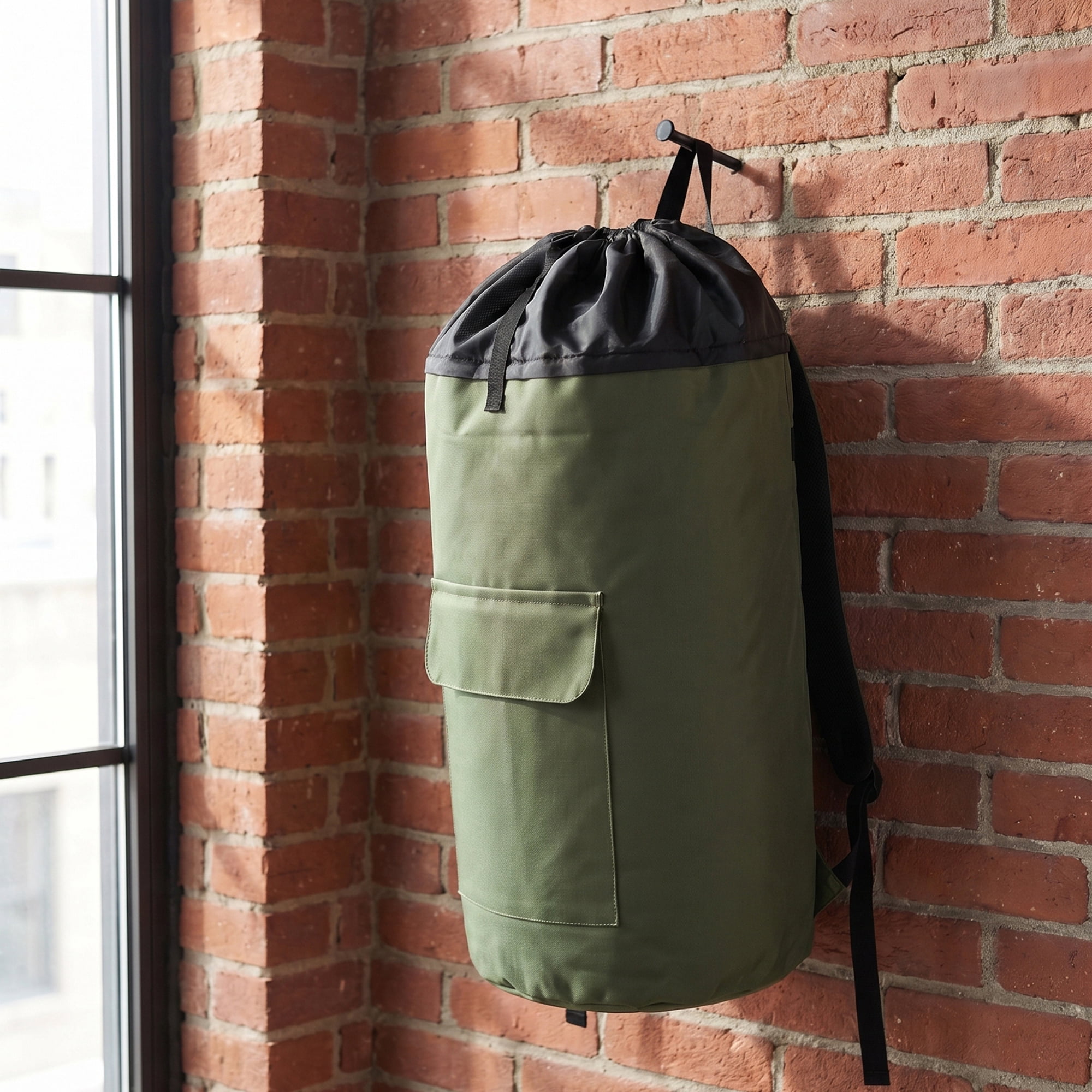 Unique Bargains Laundry Backpack Large Dirty Clothes Hamper Bag with Pocket Green 15"x28"