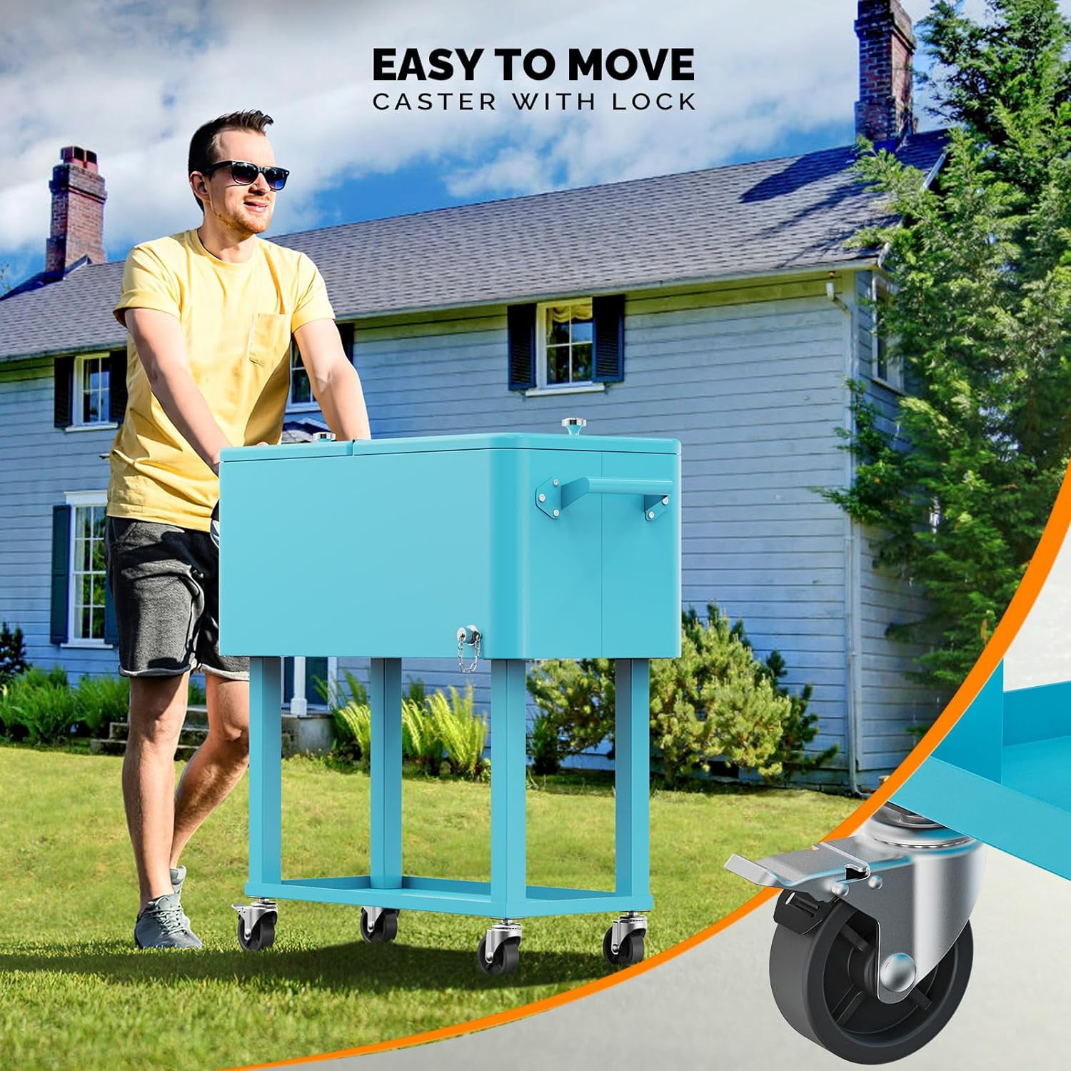 VINGLI 80 Quart Rolling Cart on Wheels, Portable Bar Drink Cooler, Beverage for Patio Pool Party, Ice Chest with Shelf,Bottle Opener,Water Pipe