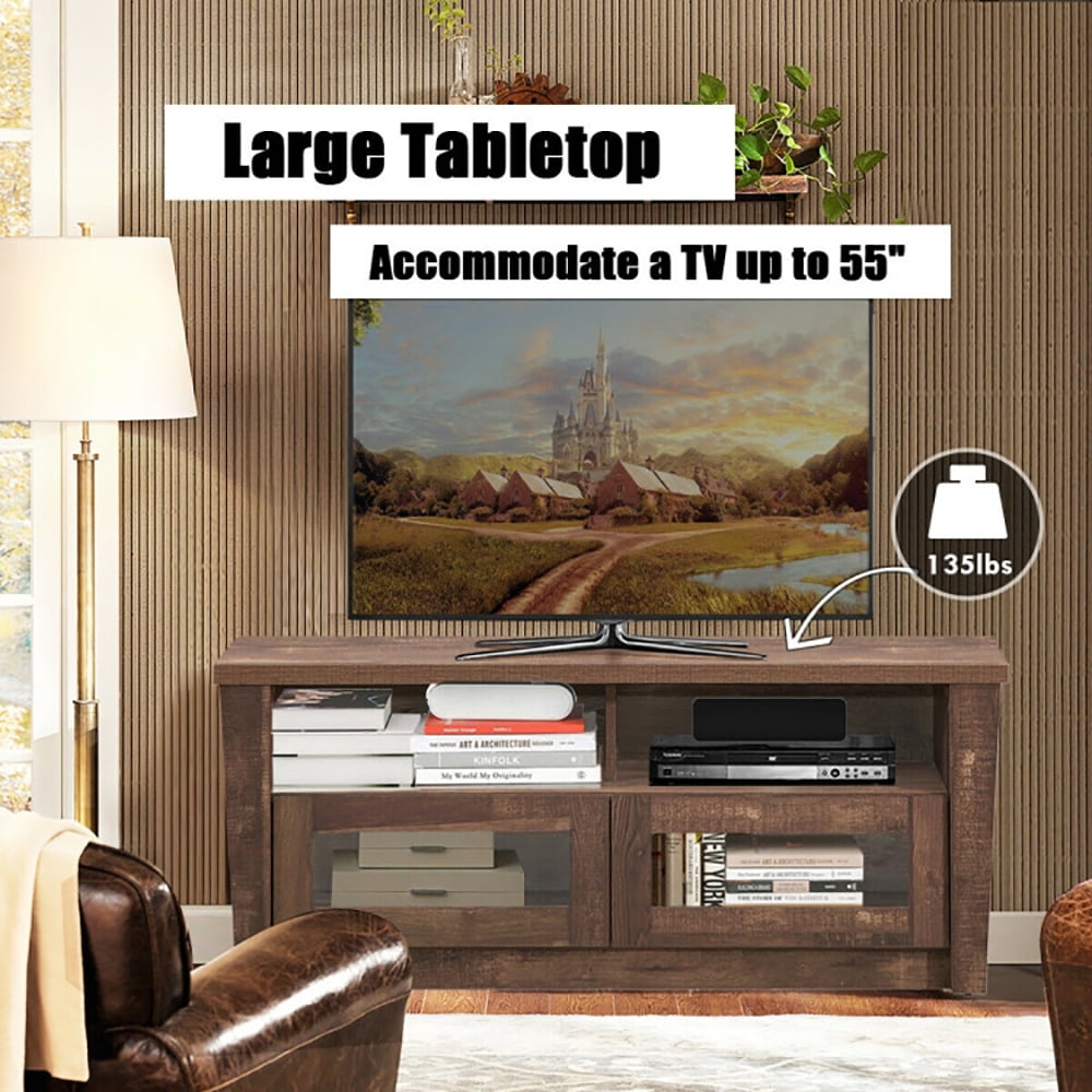 Finihen TV Stand, TV Cabinet, Wooden TV Stand with 2 Open Shelves and 2 Door Cabinets, Media Entertainment Center with Storage, for Living Room, Bedroom, Brown