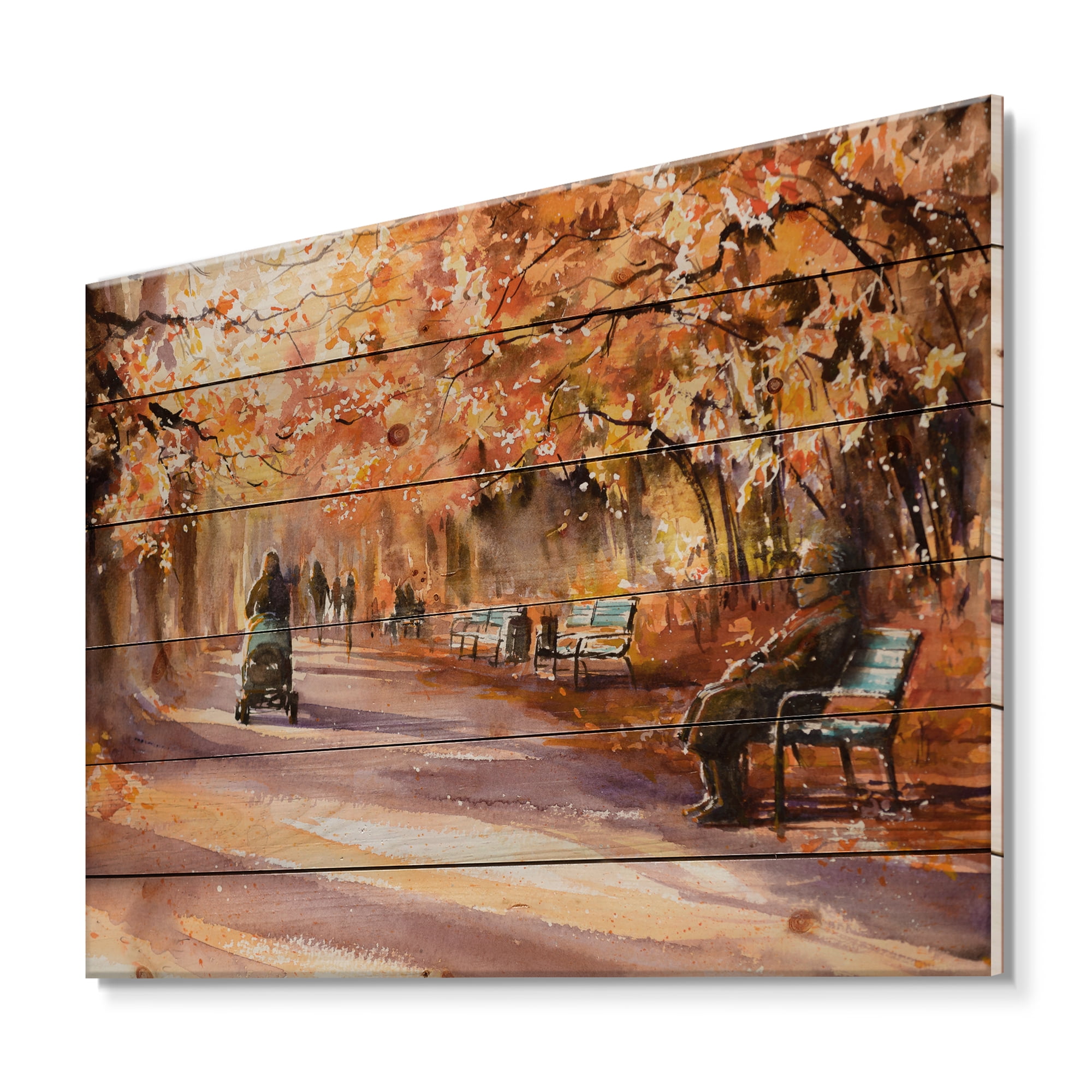 Designart 'Path In The Park In Sunny Autumn Day' Country Print on Natural Pine Wood