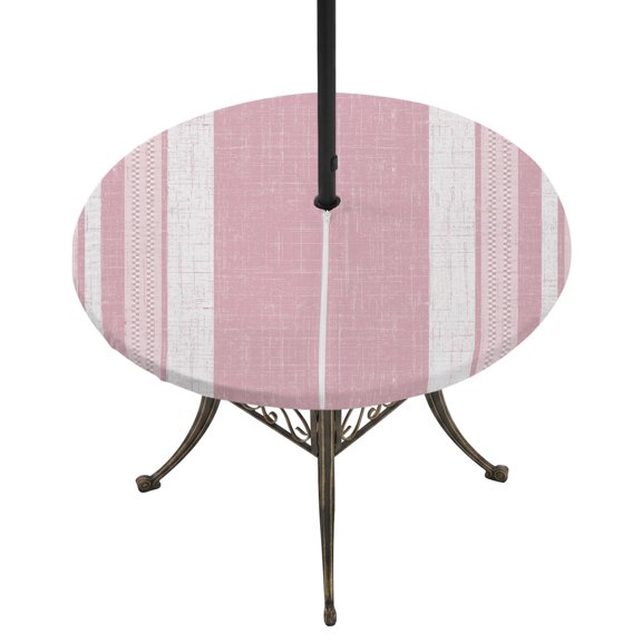 Round Outdoor Tablecloth with Umbrella Hole and Zipper, Vintage Pink Striped Tablecloth with Elastic Waterproof, Farmhouse Modern Stripes Boho Patio Table Covers for 36" - 44" Picnic Pool Tables