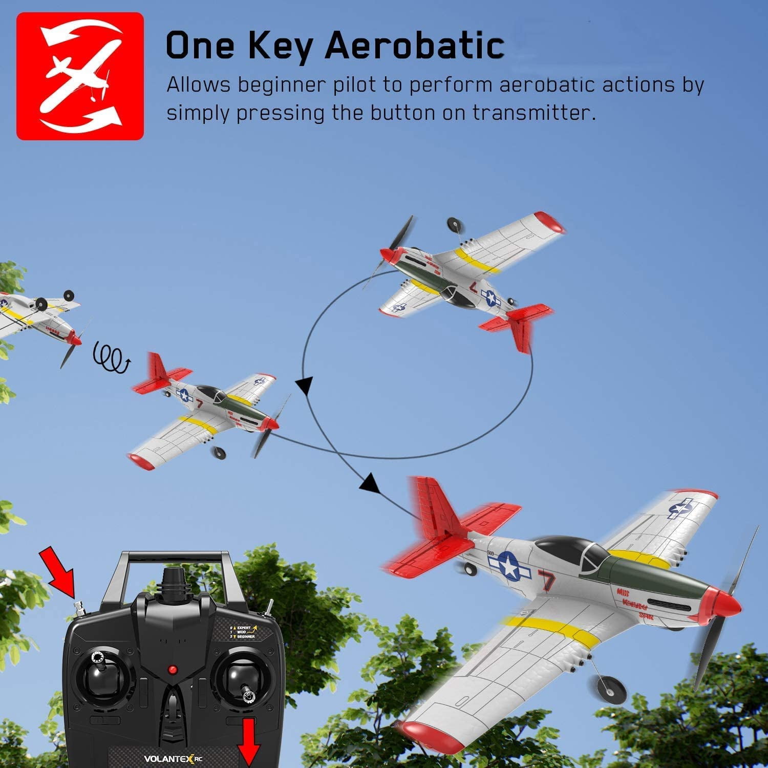 P51D 4CH 2.4GHz Remote Control Mustang Warplane. Ready to Fly with 3 Flight Modes. Perfect Beginner Airplane (15-3/4"/400mm Wingspan)