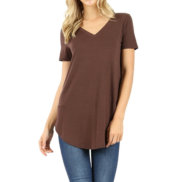 TheLovely - Women Short Sleeve V Neck Round Hem Relaxed Fit Casual Tee ...