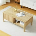 thumbnail image 3 of Wirrytor Mid-Century Square Fluted Coffee Table with Dual Storage Shelf, Storage Center Coffee Tables with Waveform Panel Sliding Door Dining Table for Living Room Apartment(Natural), 3 of 9