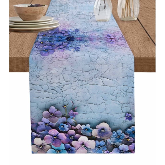 Purple Flowers Table Runner Cotton Linen 120 Inch Holiday Dresser Scarves, Vintage Blue Mottled Walls Pastoral Tablerunner for Kitchen Coffee Dining Bedroom Living Room Dinner Scarf Décor 13''x120''