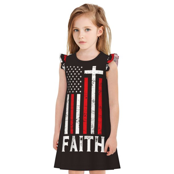 Fotbe USA Flag Cross Vestido de Dormir para Niñas de 3 a 10 Años, Mangas Cortas, Estilo Princesa, Pijama Camisón con Mangas Voladas-XX-Large