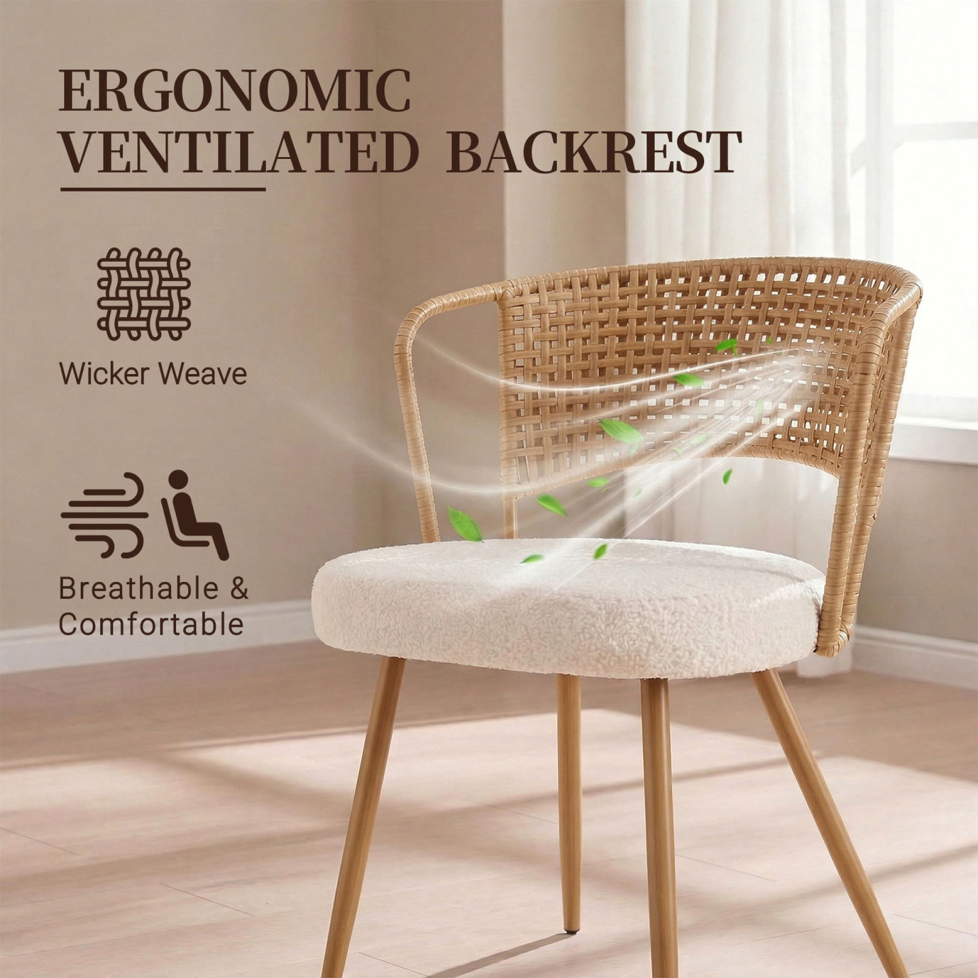 Leumius Set of 4 Wicker Dining Chairs, Farmhouse Soft Cushioned Cane Back Kitchen Chair, Sponge Cushion, Wing-Back Dining Chair with Metal Legs for Home and Kitchen (Brown)