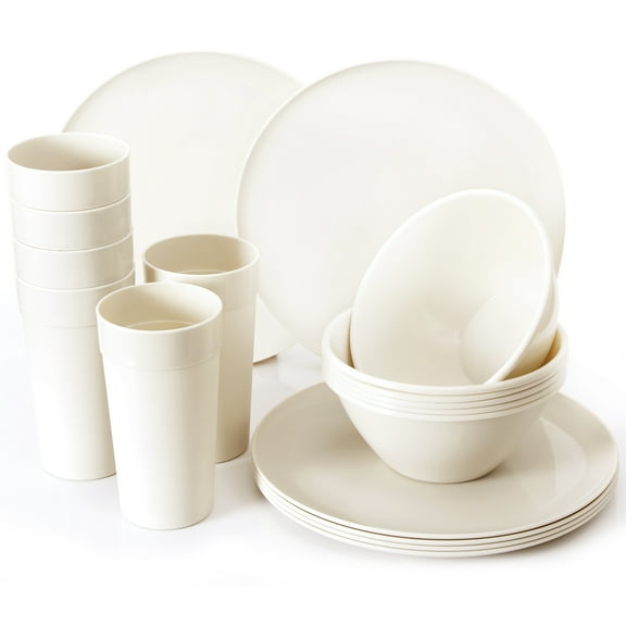 18 Piece Plastic Kitchen Dinnerware Set, Plates, Dishes, Bowls, Cups, Service for 6 - Cream YE393.013