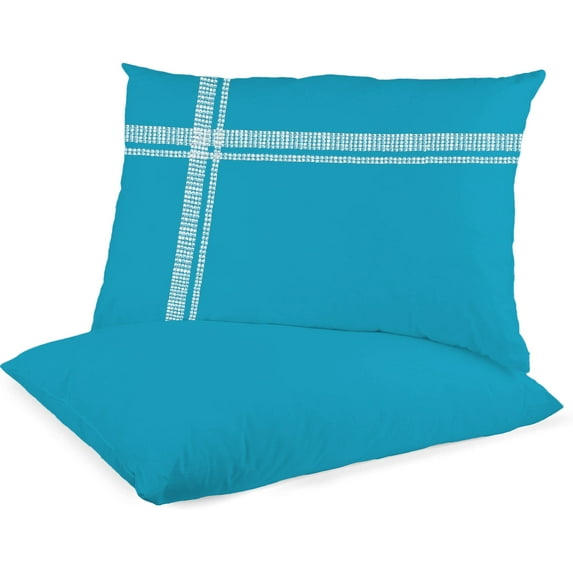 BedDecor 2-Pieces Bling Rhinestone Applique Trims Decorative Pillow Shams for Bed Home Decoration (Euro - 27" x 27", Turqouise Blue)