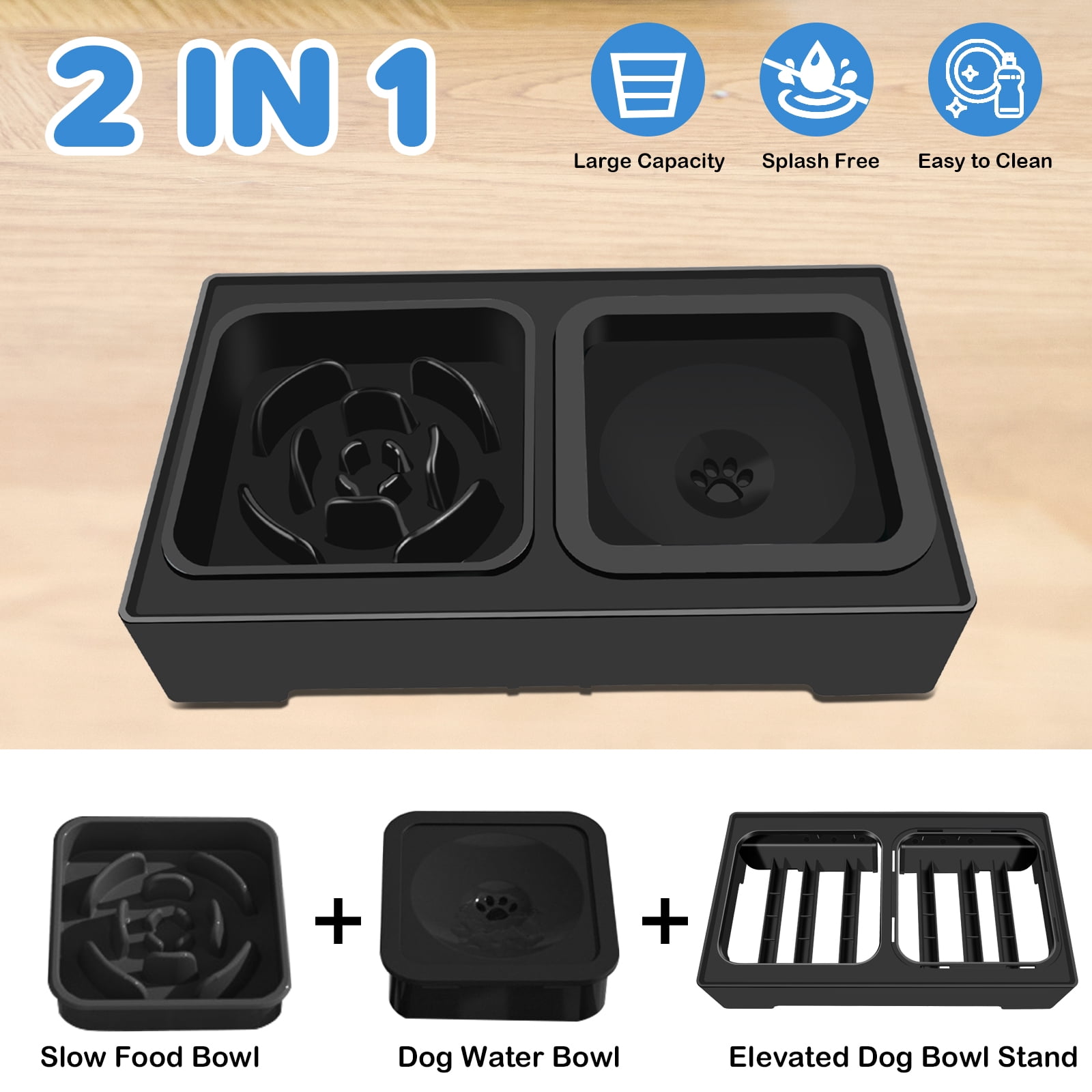 2-in-1 Elevated Slow Feeder Dog Bowls, 4 Height Adjustable Raised Dog Bowls Stand with No Spill Water Bowl, Non-Skid Pet Food Feeding Set for Small, Medium, Large Dogs Cats