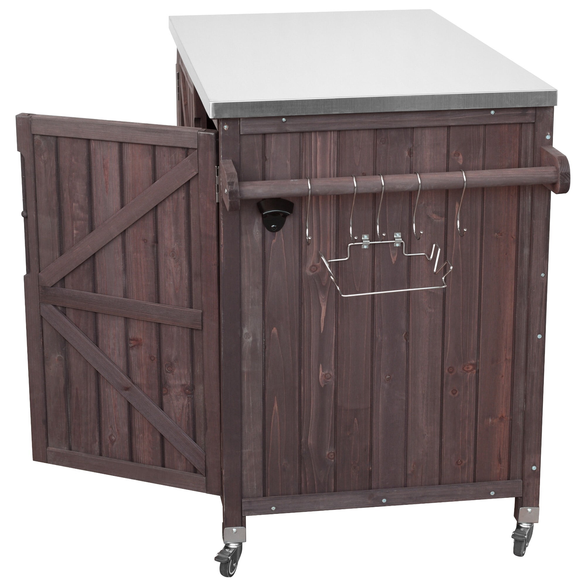 AENKYO 42" Outdoor Kitchen Island, Rolling Grill Cart with Stainless Steel Top, BBQ Prep Table with Cabinet, Brown