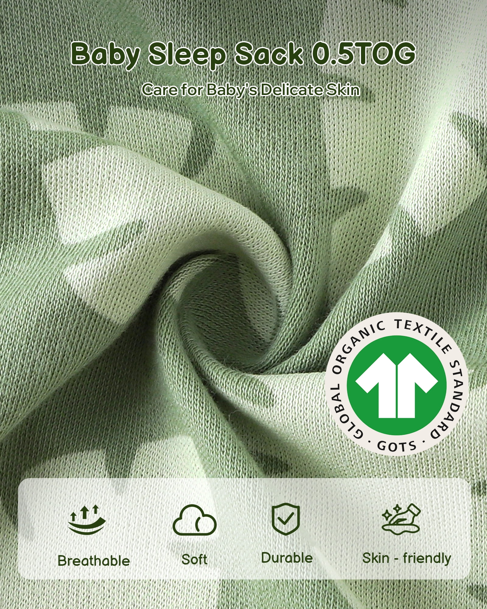 Baby Sleep Sack 6-12 Months, 100% Organic Cotton Wearable Blanket for Babies, 2-Way Zipper TOG 0.5 Lightweight Breathable Baby Sleeping Bag, 4 Sizes-M Leaf＆Green