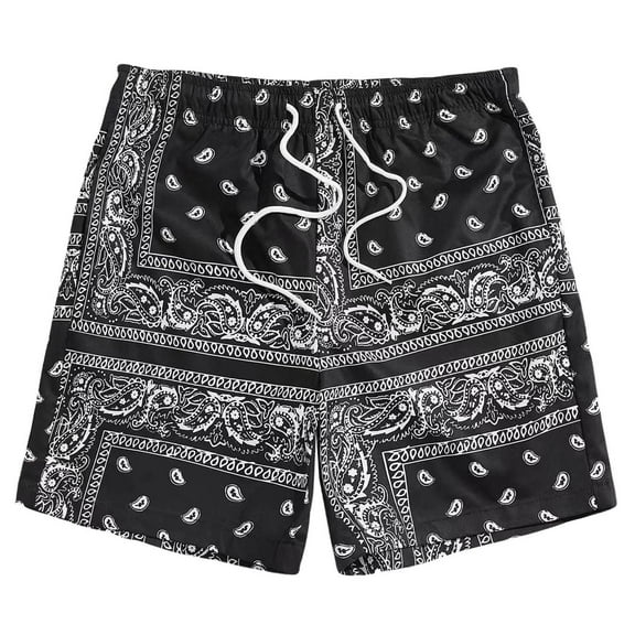 Glisme Mens Swimming Trunks Casual Boho Drawstring Waist Paisley Print Summer Beach Shorts Men Pants Casual Summer Black