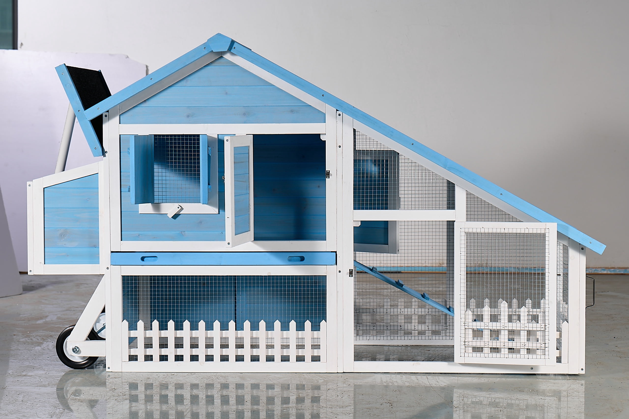 76" Wooden Rabbit Hutch Bunny Cage with Waterproof Asphalt Roof, Fun Outdoor Run, Removable Tray and Ramp, Light Blue