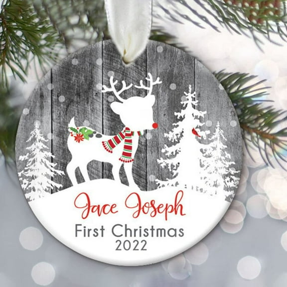 Babys First Christmas Ornament, Deer Ornament, Baby boy Personalized Christmas Ornament, Girl Babys Ornament Gray Fake Wood Background