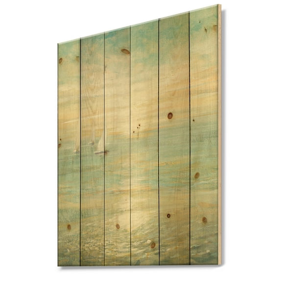 Designart 'Sunrise Boat I' Nautical & Coastal Print on Natural Pine Wood