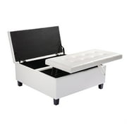 Ciara 35-Inch Air Leather Tufted Upholstered Lift-Top Ottoman Bench, Large Square Storage Coffee Table for Living Room, Toy Box, Footrest Stool, White Ottoman with Spacious Interior Compartment- White