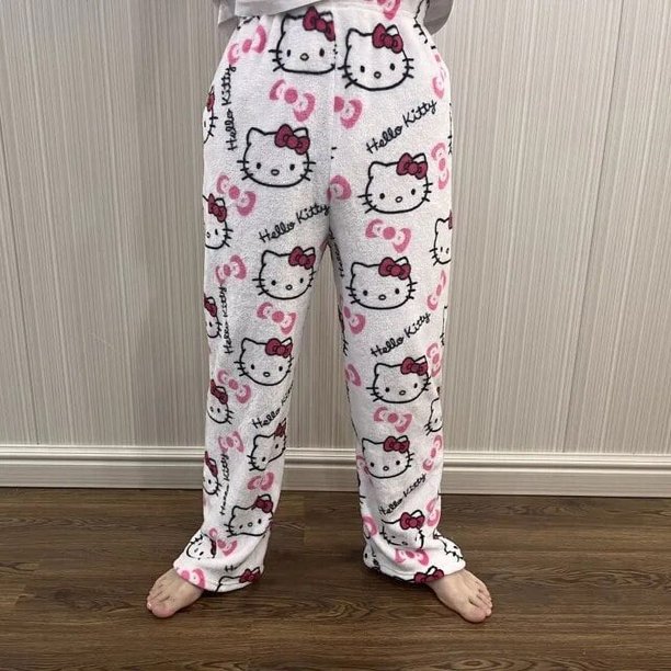 Sanrio-Pijama de Hello Kitty para mujer, pantalón de franela de lana Kawaii, con dibujos animados de Anime, informal, para el hogar, para Halloween, Otoño, 2023