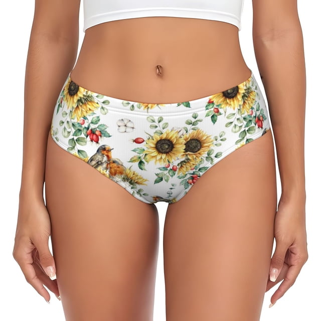 Fotbe Sunflowers Leaves And Birds Calzones Estampados para Mujer – Ropa Interior de Algodón, Cómoda, Suave y Elástica-Large