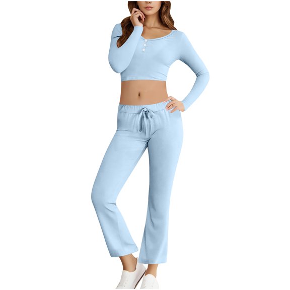 Miqool Womens 2 Piece Sweatsuits Long Sleeve Tight Crop Shirt Tops Joggers Sweatpants Sets Solid Color Fall Yoga Sweat Workout Sets